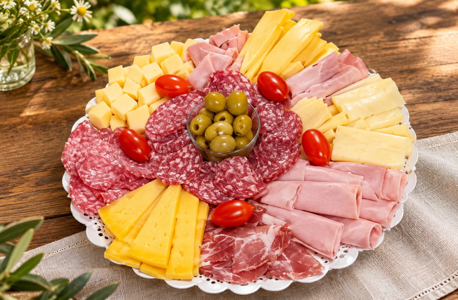 Bandeja redonda con blonda sobre una mesa de madera al aire libre: salame alrededor de un bowl de aceitunas, quesos en cubos y en láminas, jamón cocido enrollado, fiambre curado y tomates cherry